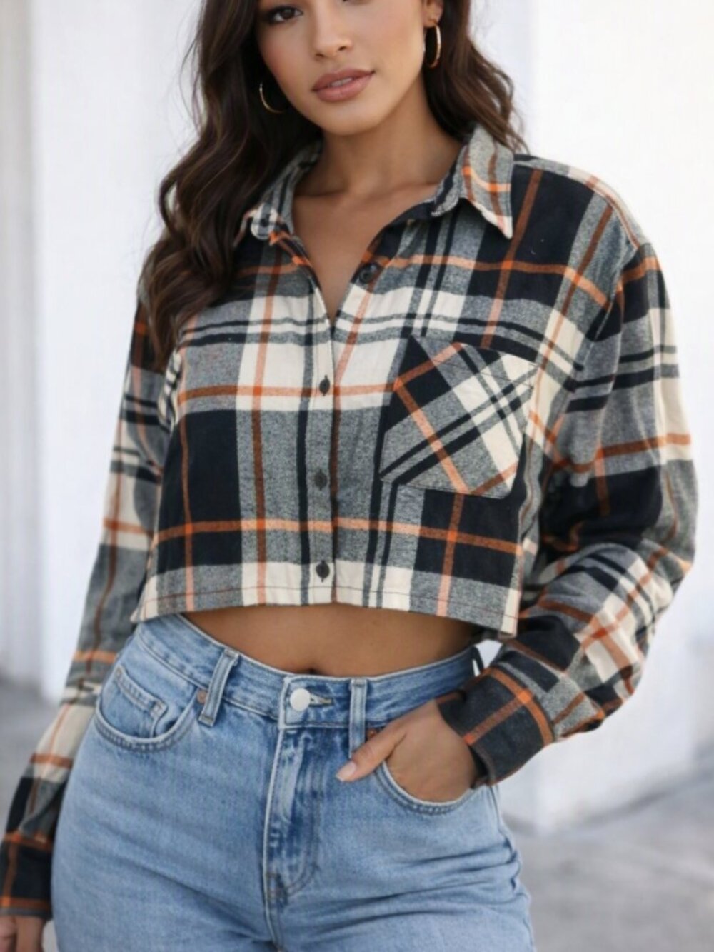 Weekends Everyday Cropped Plaid Flannel Button-Up Shirt L Grunge Y2K Streetwear